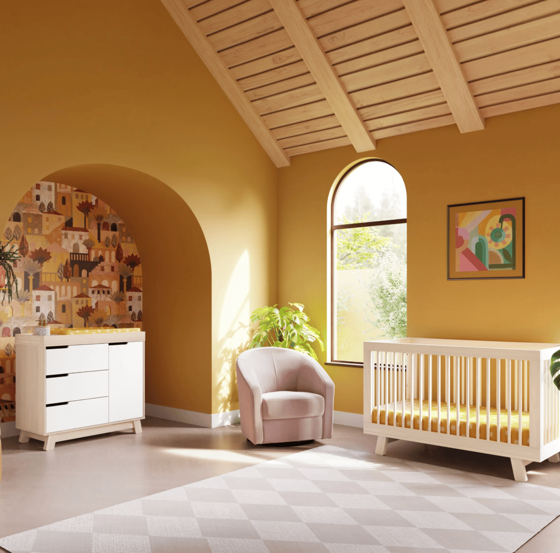 Warm mustard-yellow nursery with typical items in nursery essentials list: a white crib, pink armchair, wood ceiling, and patterned rug.